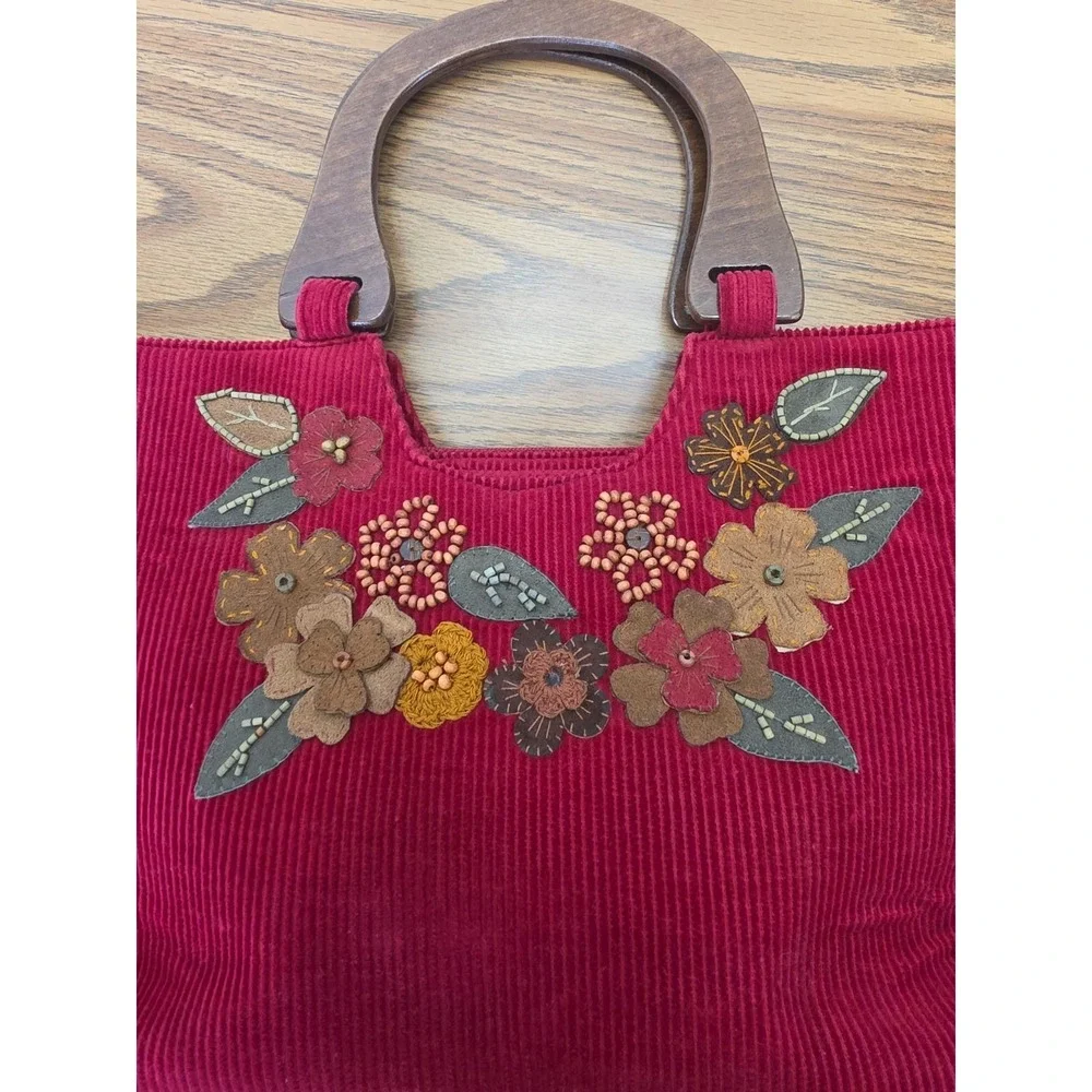 EUC Cappelli Red Wine Corduroy Floral Embroidered Handle Bag Boho Hippy Fairy